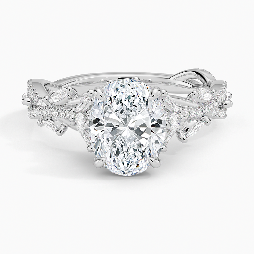 Oval cut lab grown diamond ring on a pave laurel vine band with marquise leaves in white gold, top view