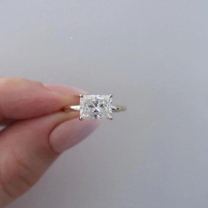 East west radiant cut lab grown diamond ring detail view