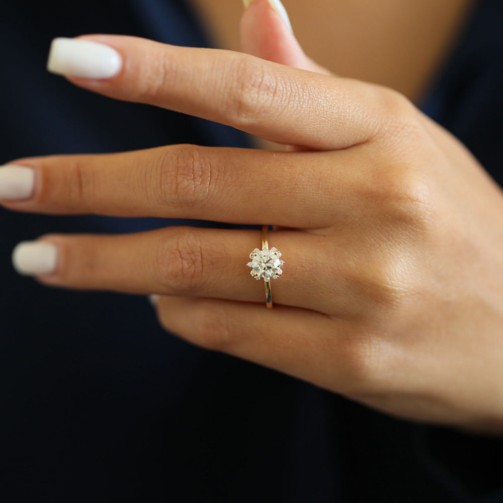 Round lab grown diamond floral cluster engagement ring