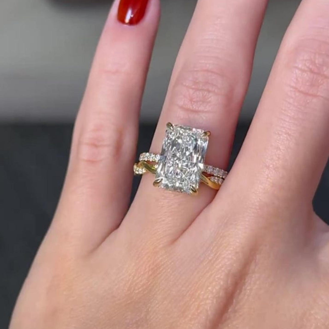 Radiant cut lab grown diamond bridal ring set with hidden halo and split band