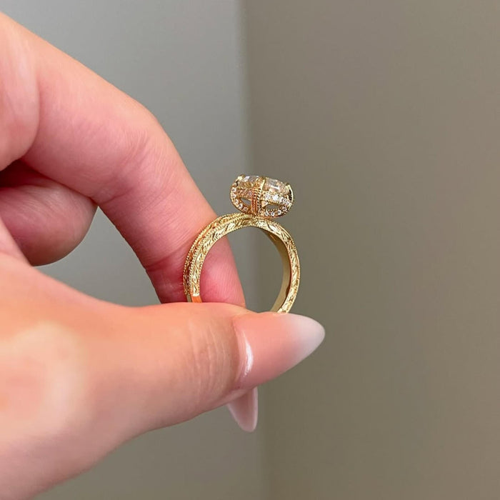 Oval cut lab grown diamond in a geometric Art Deco setting