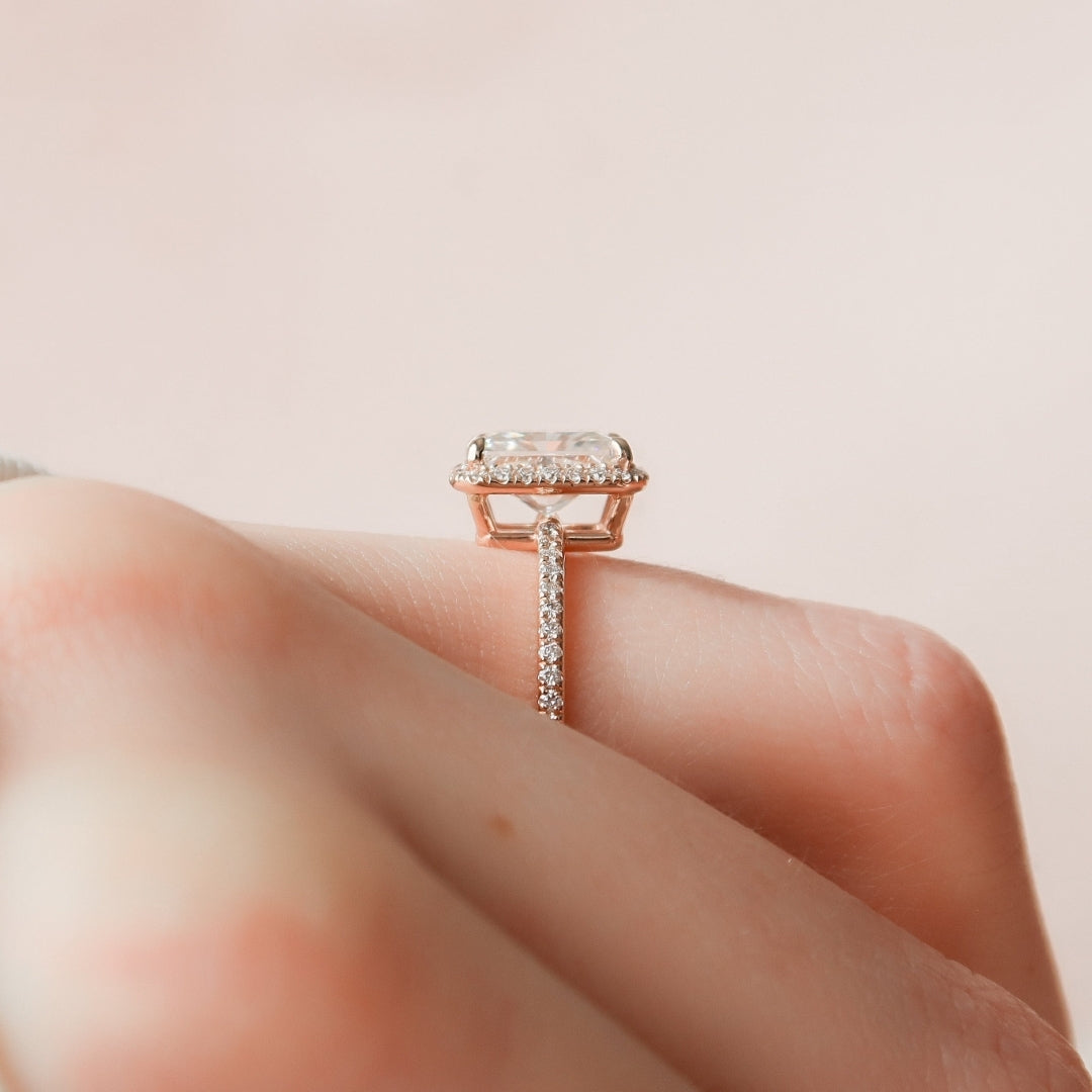 Radiant cut lab grown diamond halo ring on a pave shank in rose gold