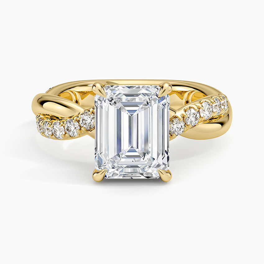 Emerald cut lab grown diamond ring on a bold twisted rope diamond band in yellow gold, top view