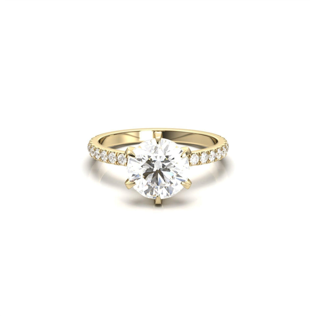 Round lab grown diamond six claw pave engagement ring