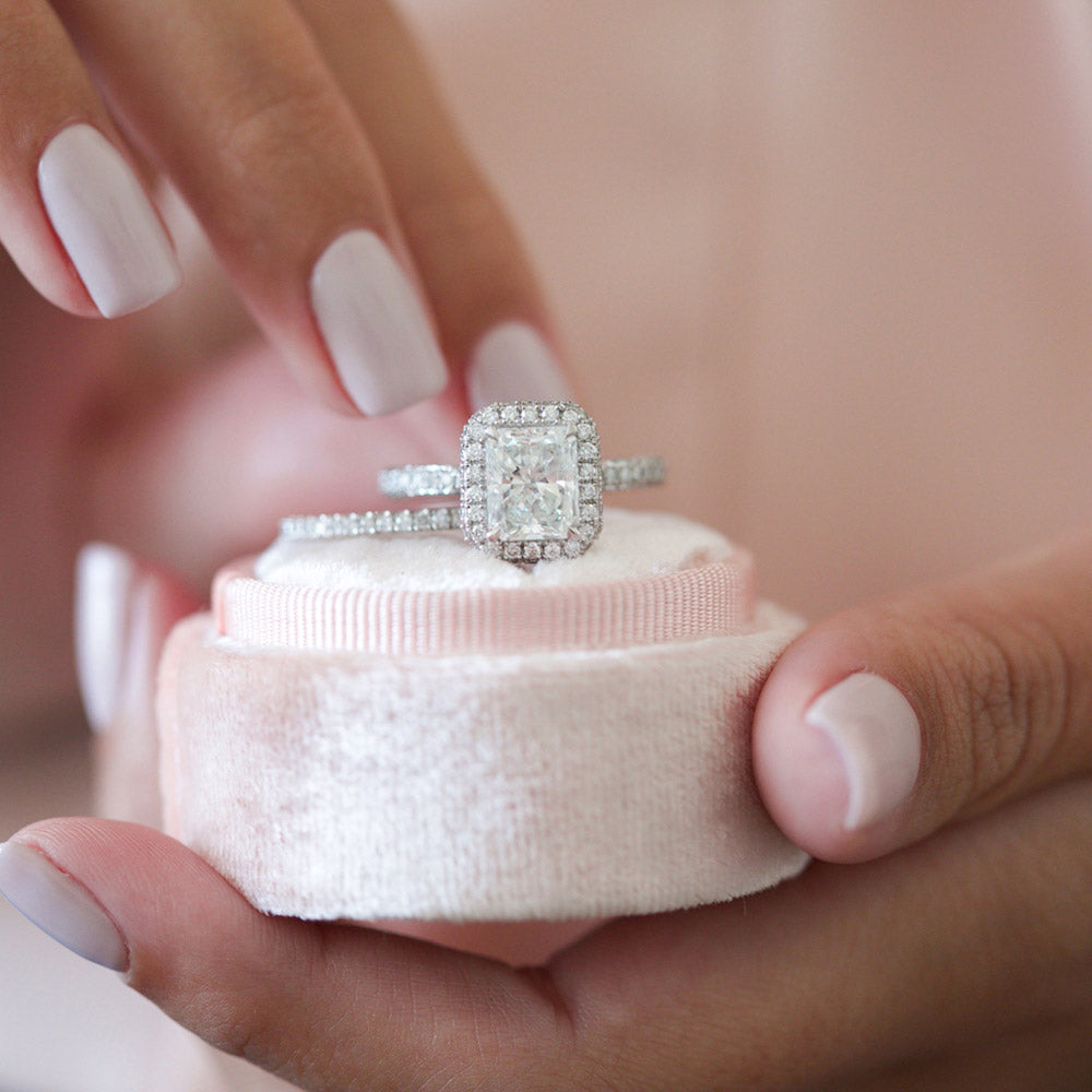 Radiant cut lab grown diamond halo pave engagement ring