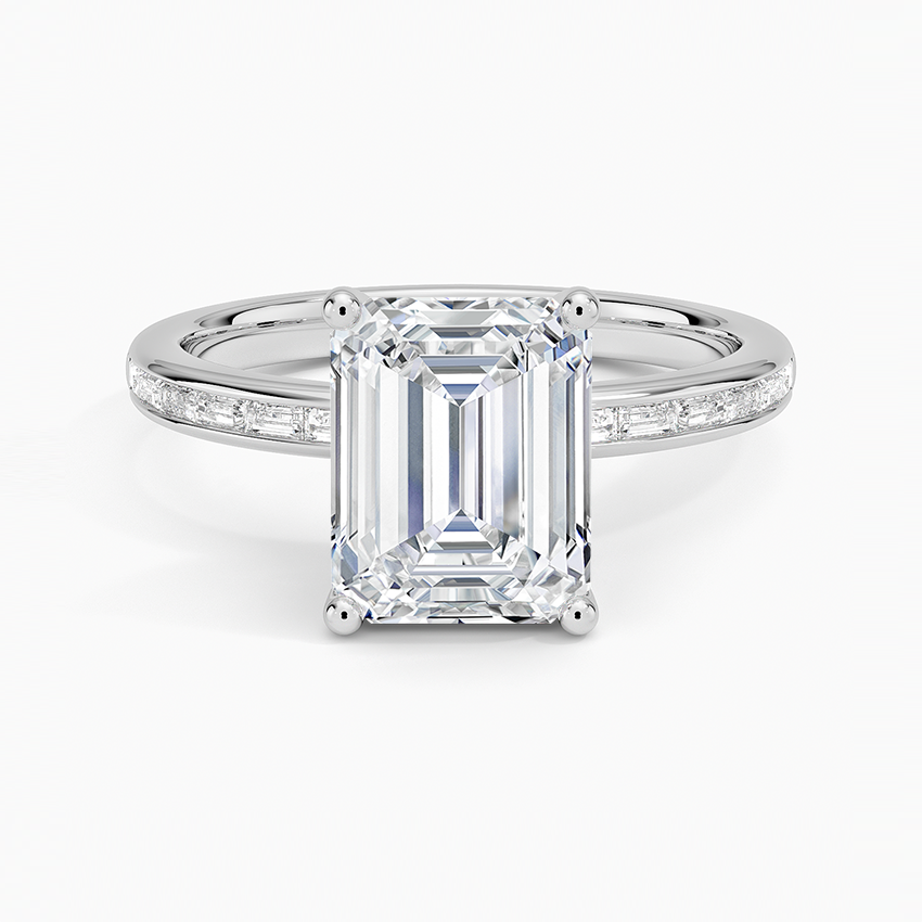 Emerald cut lab grown diamond ring with channel set baguette shoulders in white gold, top view