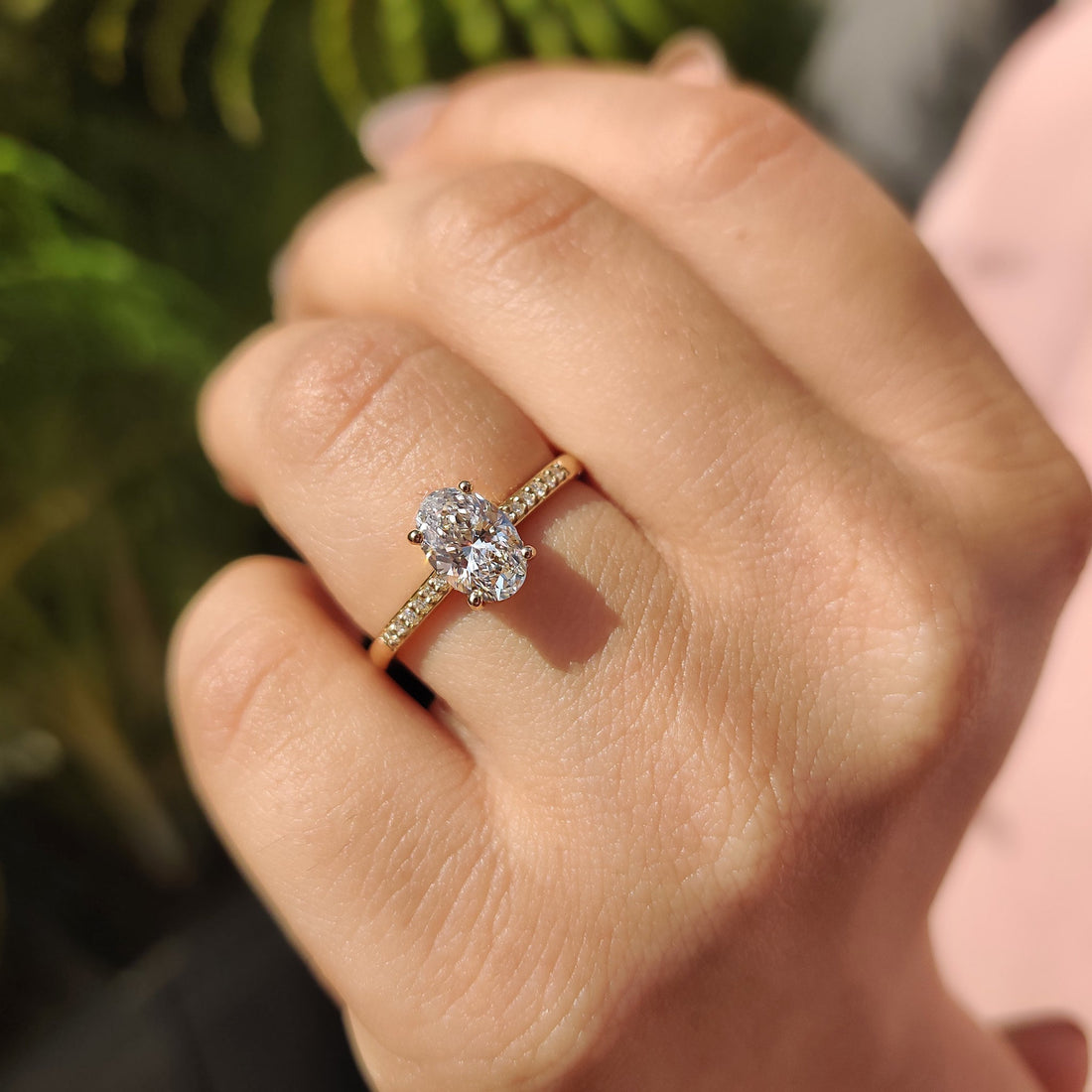 Oval cut lab grown diamond hidden halo and pave ring