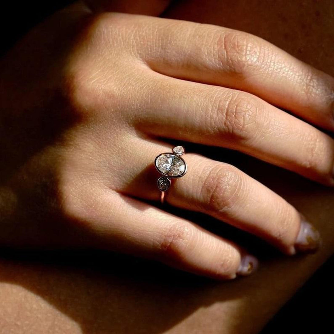 Art deco oval cut lab grown diamond three stone ring