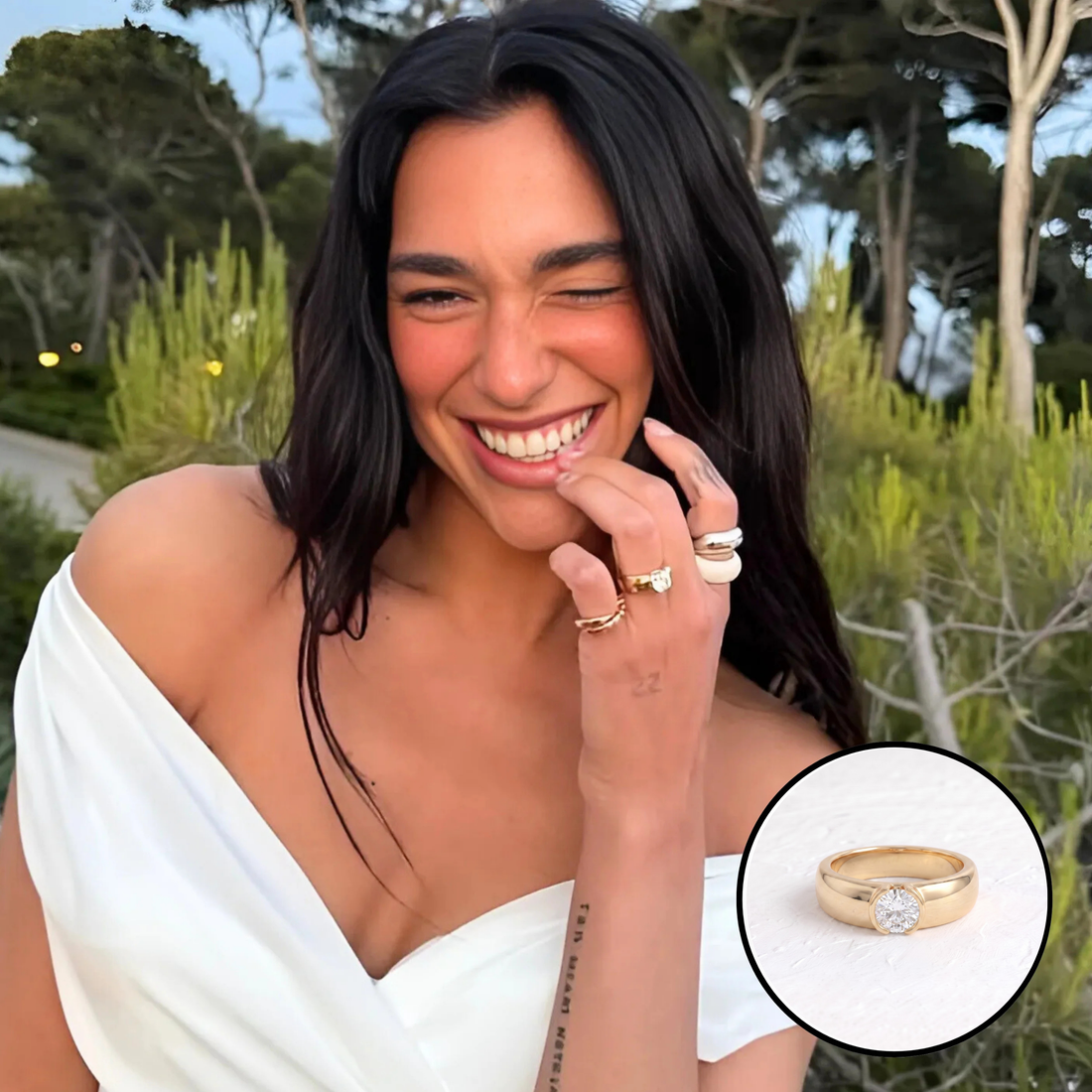 Reference photo of Dua Lipa with our Dua Lipa inspired round half bezel dome ring shown inset
