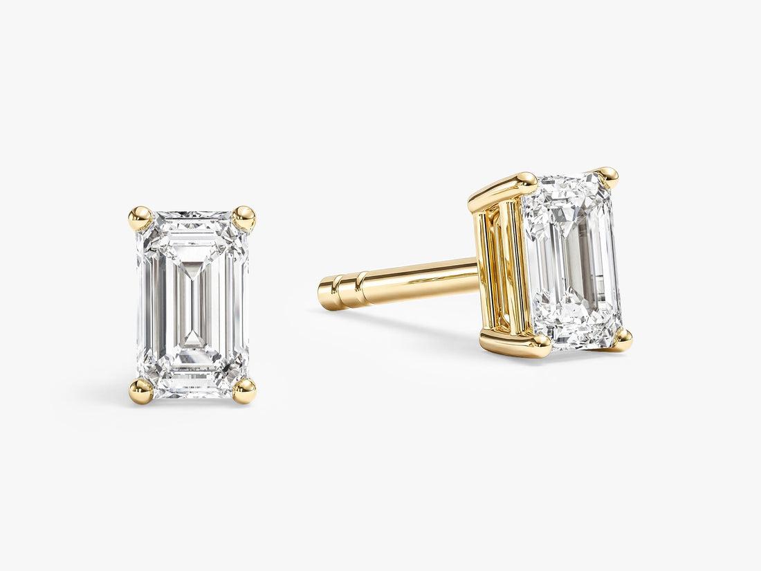Pair of emerald classic 4 prong solitaire lab grown diamond stud earrings in yellow gold, E color VVS2 lab grown diamonds