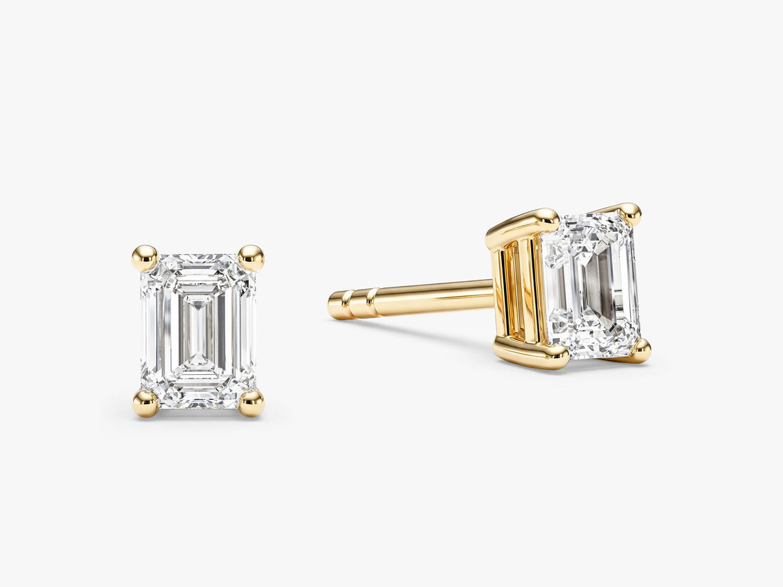 Pair of emerald everyday 4 prong solitaire lab grown diamond stud earrings in yellow gold, E color VVS2 lab grown diamonds