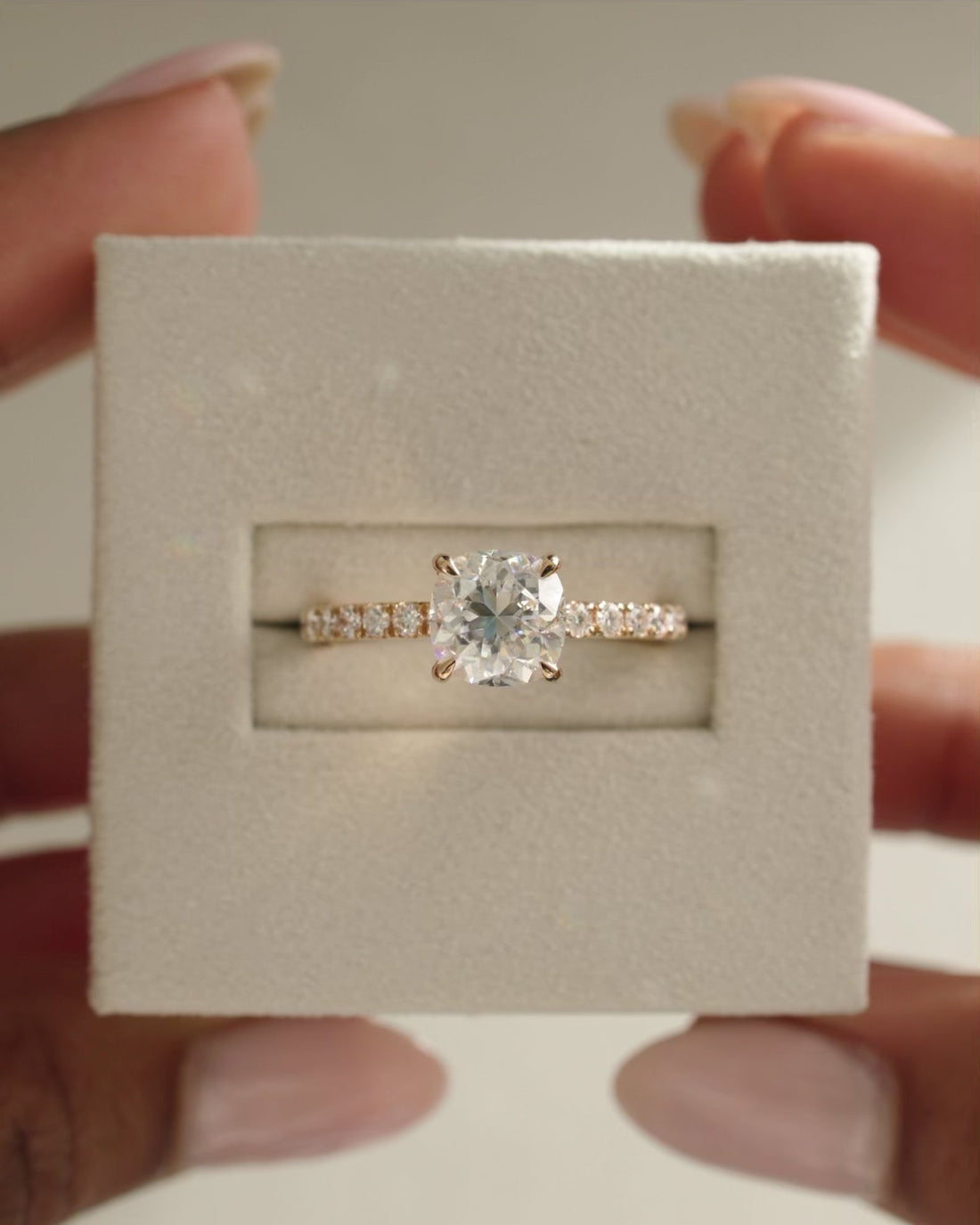 Cushion Cut Moissanite Pave Band Engagement Ring with Four Claw Setting - view 1