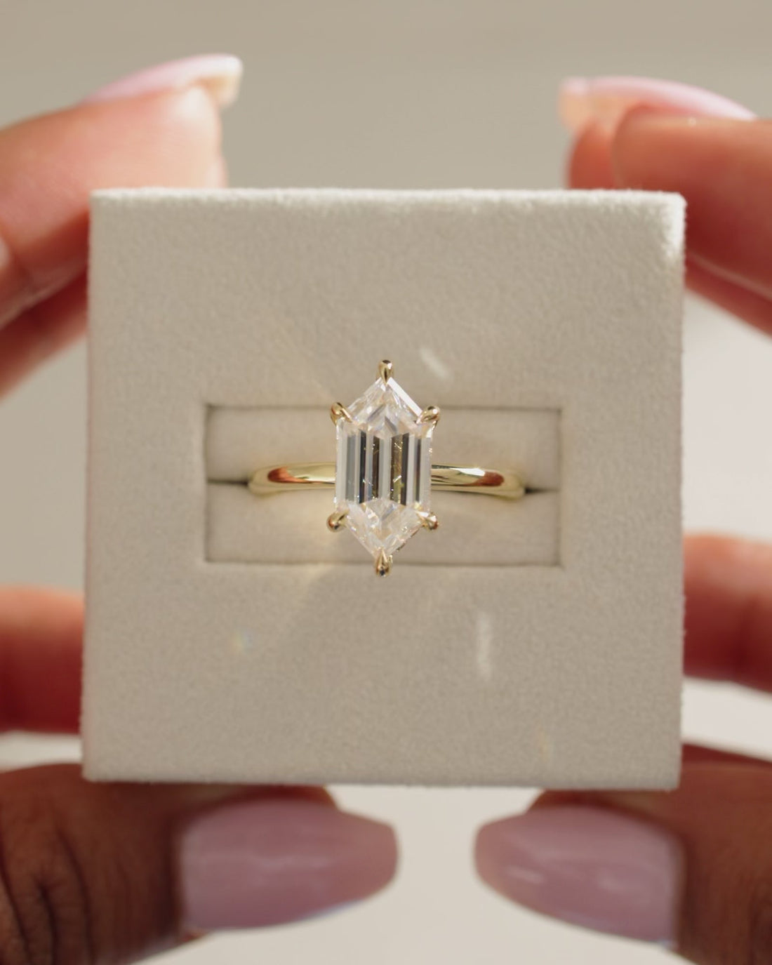 Elongated Hexagon Cut Moissanite Six Claw Solitaire Engagement Ring 2 CT to 5 CT - view 1