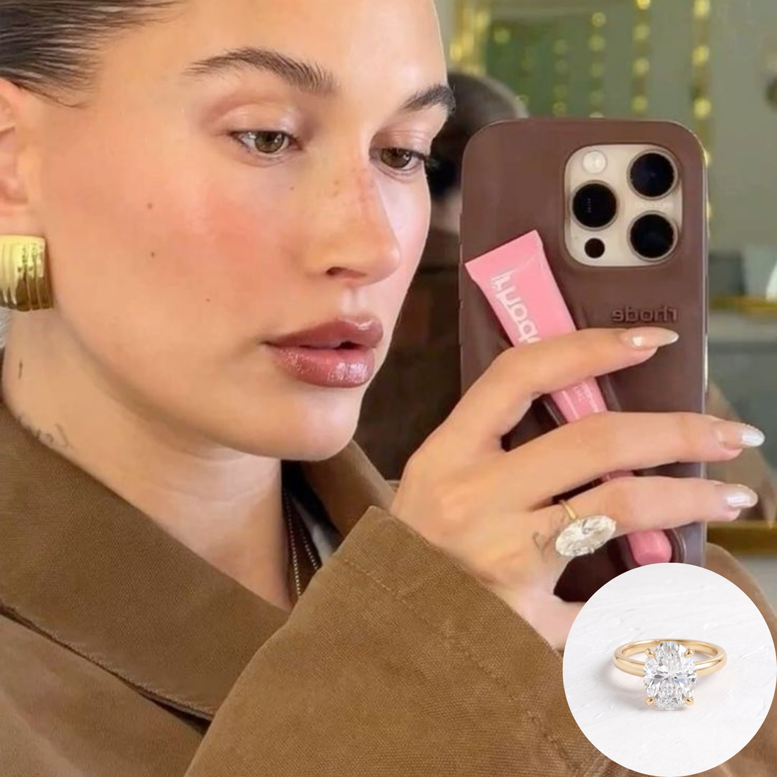 Reference photo of Hailey Bieber with our Hailey Bieber inspired elongated oval solitaire ring shown inset