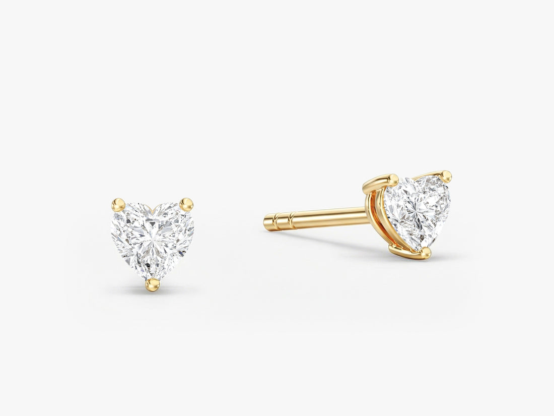 Pair of heart timeless 3 prong solitaire lab grown diamond stud earrings in yellow gold, E color VVS2 lab grown diamonds