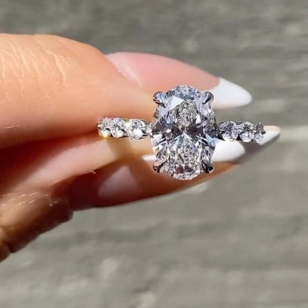 Oval Cut Moissanite Engagement Ring with Bubble Band Anniversary & Promise Ring