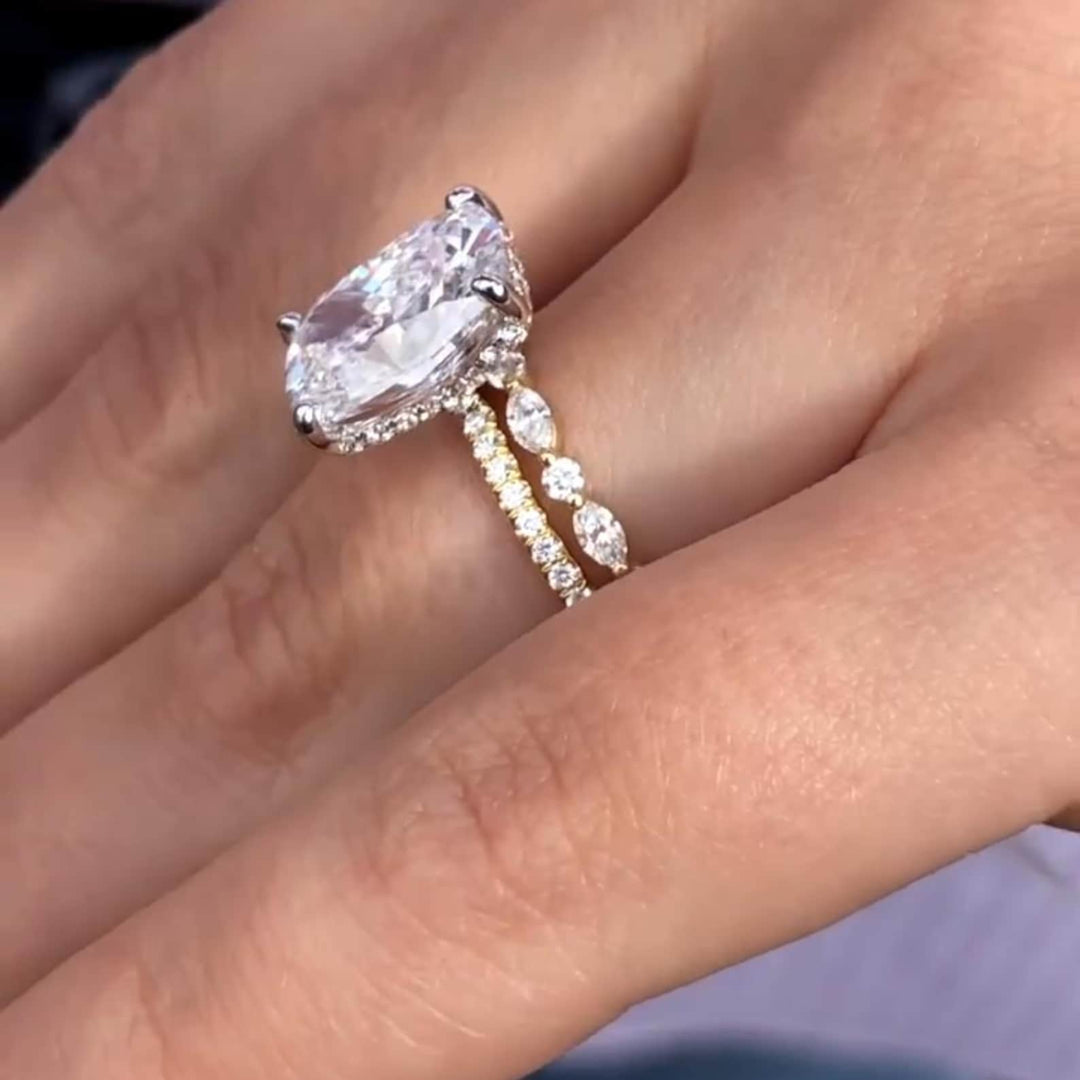 4 CT Radiant Cut Moissanite Ring Halo Bridal Ring Set | 14K Gold Engagement & Marquise Eternity Band – Anniversary Gift for Women - Mapple Gems