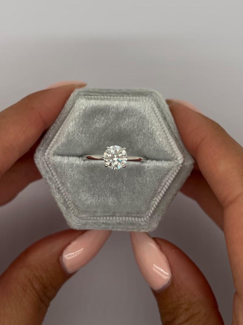Round brilliant lab grown diamond solitaire ring in white metal on a thin plain band
