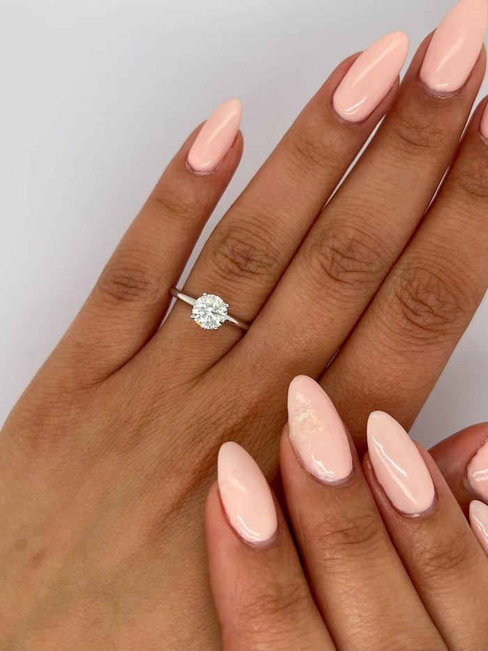 Round cut lab grown diamond solitaire ring shown in a ring box