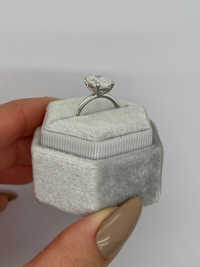 Radiant cut lab grown diamond solitaire shown in a ring box