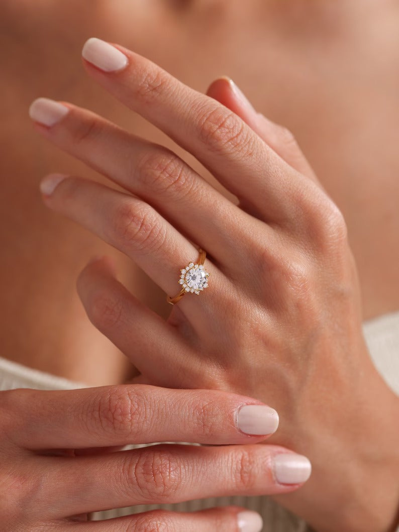 Round Cut Moissanite Vintage Style Floral Halo Engagement Ring with Gold Band - view 1