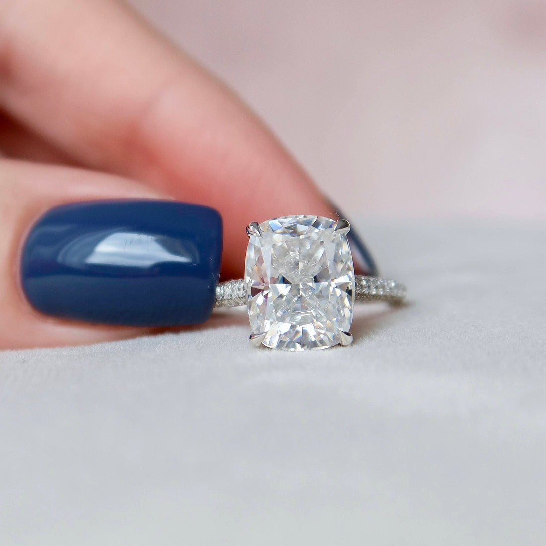 Elongated Cushion Cut Moissanite Three Side Pave Hidden Halo Engagement Ring 2 CT to 5 CT - view 1