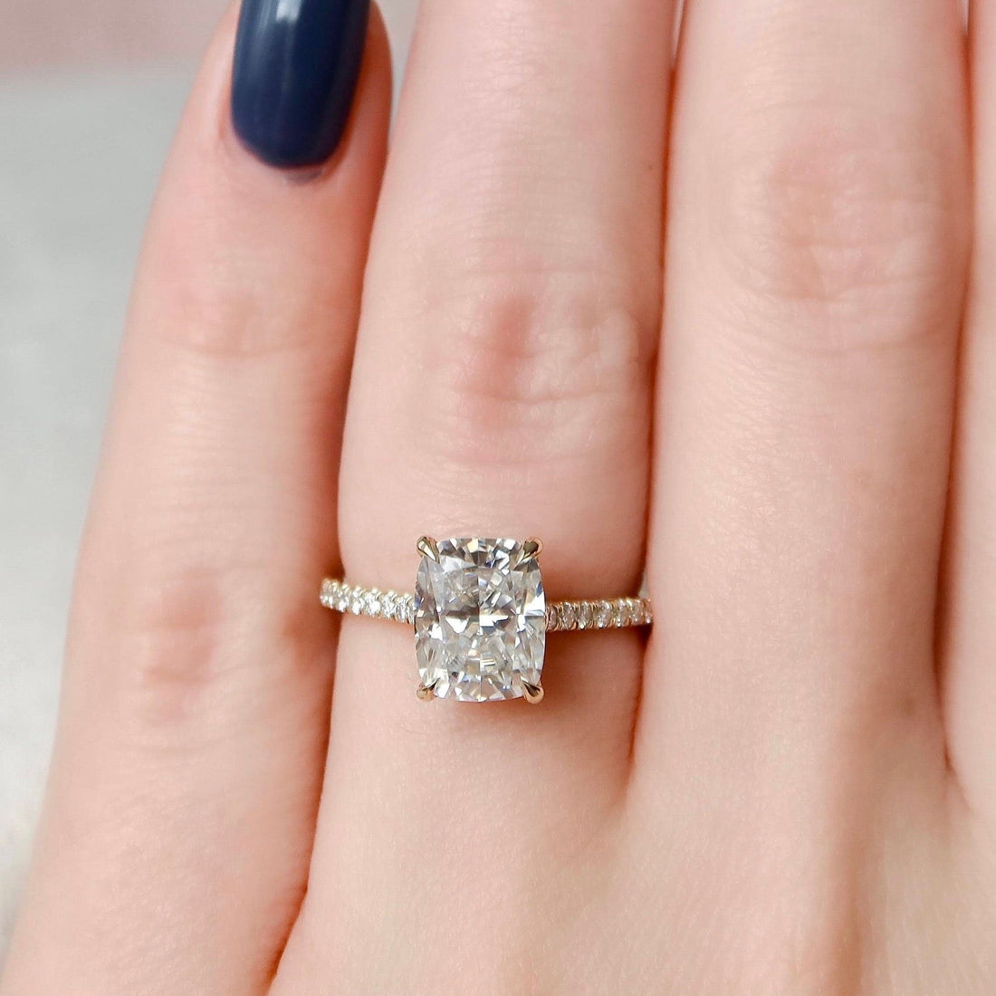 Elongated Cushion Cut Moissanite Pave Band Solitaire Engagement Ring 2 CT to 5 CT - view 1