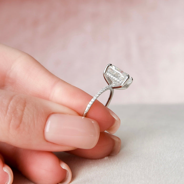 Elongated cushion moissanite ring, front view