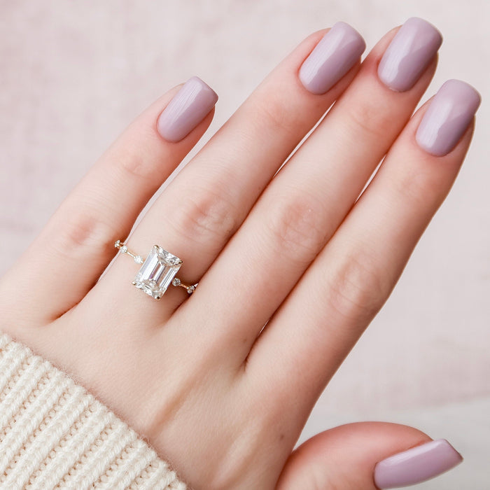 Emerald cut moissanite solitaire ring, front view