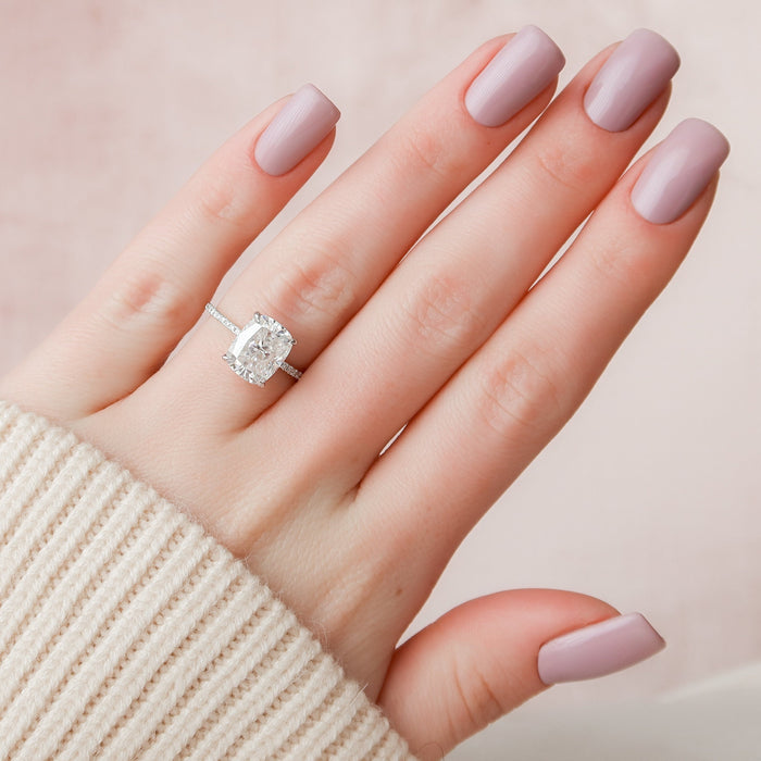 Elongated Cushion Cut Moissanite Pave Band Hidden Halo Engagement Ring 2 CT to 5 CT - view 2