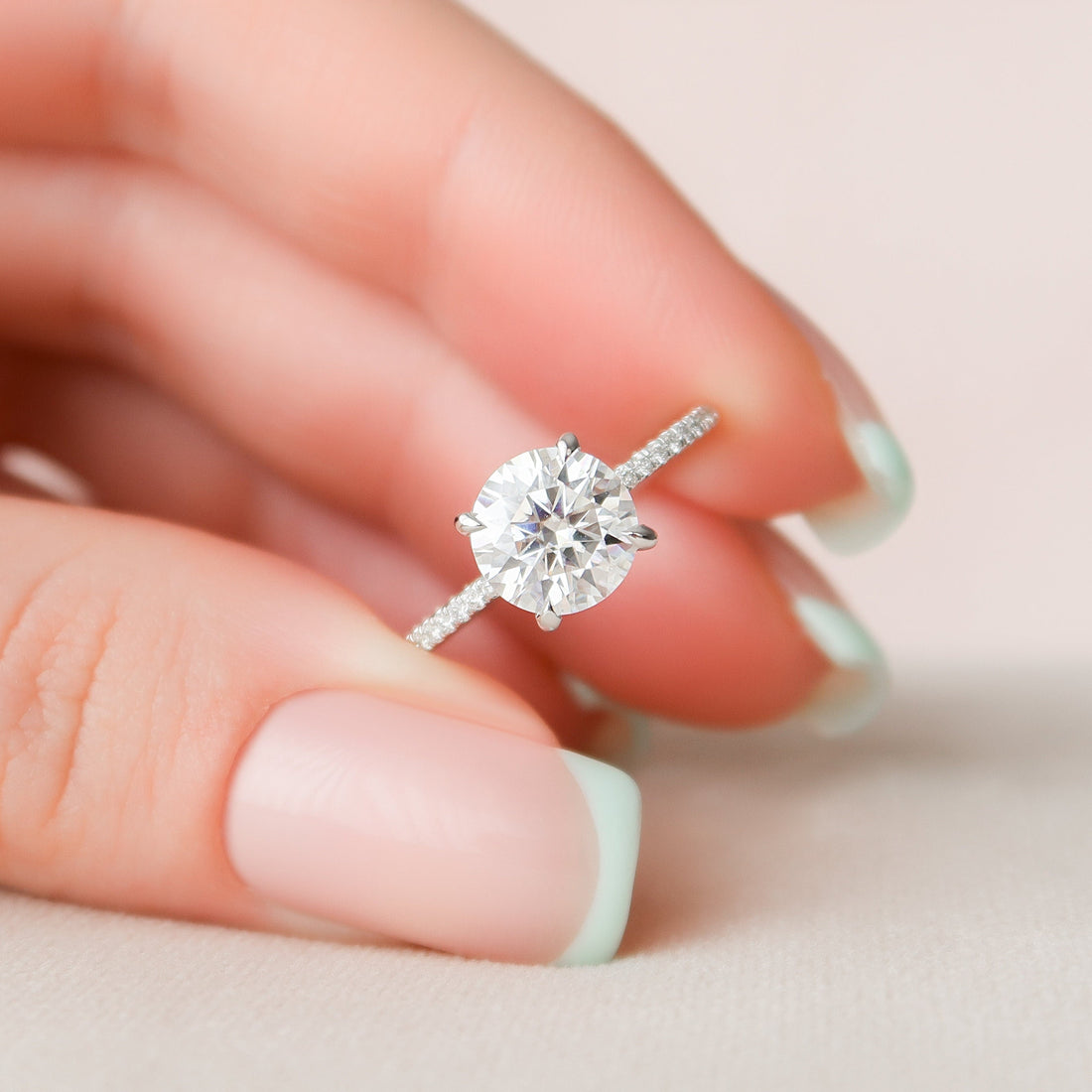 Round Cut Moissanite Pave Band Four Claw Solitaire Engagement Ring 2 CT to 5 CT - view 1
