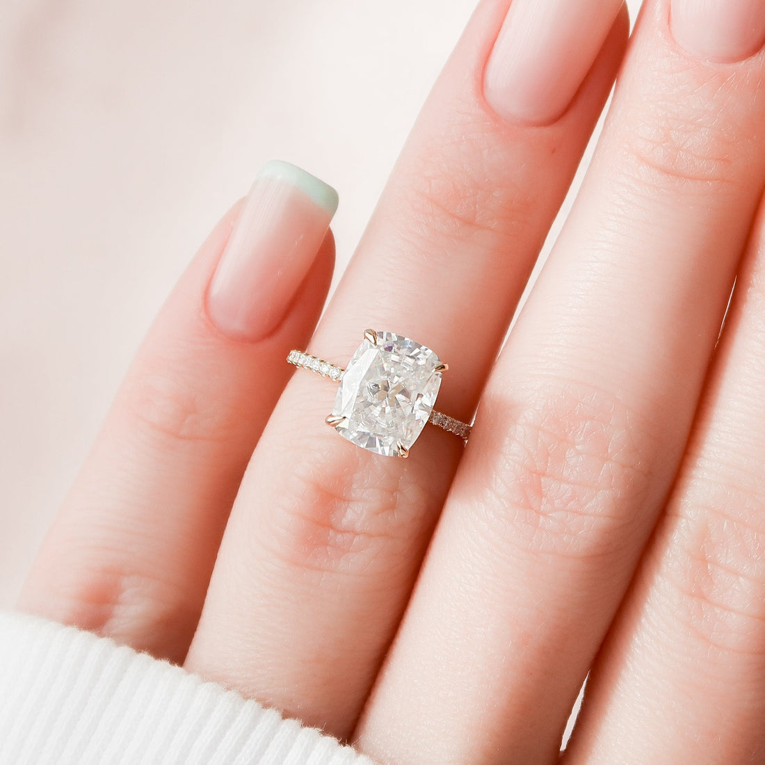 Elongated Cushion Cut Moissanite Pave Band Hidden Halo Engagement Ring 2 CT to 5 CT - view 1