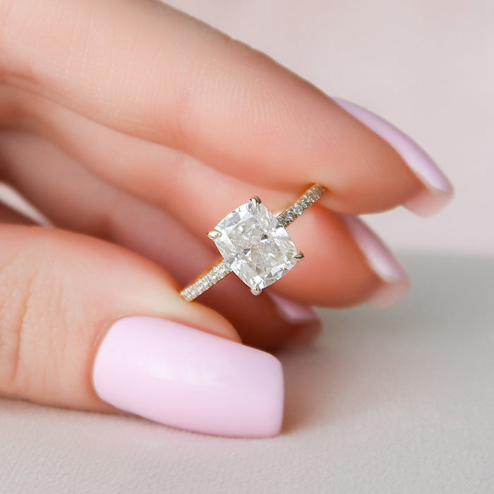 Elongated Cushion Cut Moissanite Petite Pave Hidden Halo Engagement Ring 2 CT to 5 CT - view 1