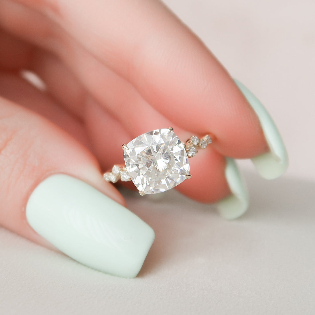 Cushion Cut Moissanite Scattered Cluster Accent Engagement Ring 2 CT to 5 CT - view 1