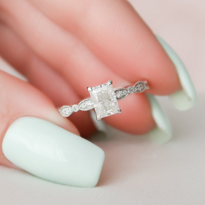 Radiant Cut Moissanite Vintage Milgrain Engagement Ring - front view 1