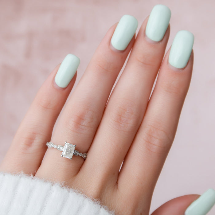 Radiant Cut Moissanite Vintage Milgrain Engagement Ring - side view 2