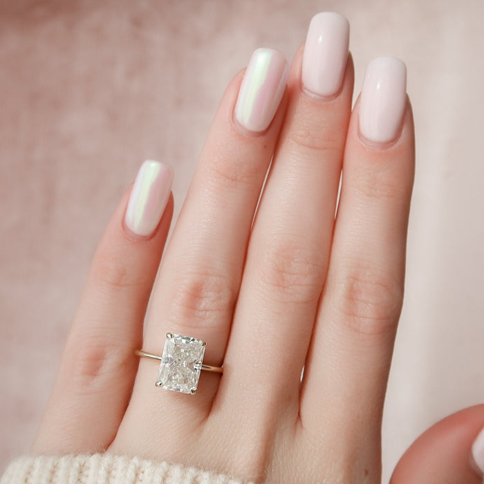 Radiant Cut Moissanite Hidden Halo Engagement Ring - side view 2
