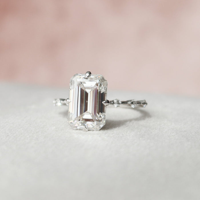 Emerald Cut Moissanite Solitaire Engagement Ring with Accent Stone Band - side view 2