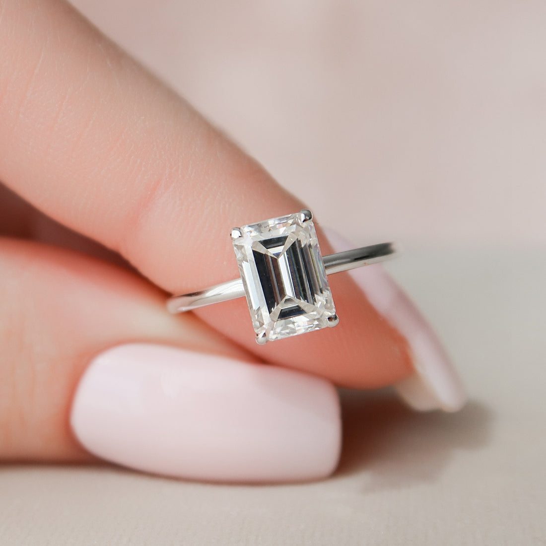 Emerald Cut Moissanite Thin Band Four Claw Solitaire Engagement Ring 2 CT to 5 CT - view 1