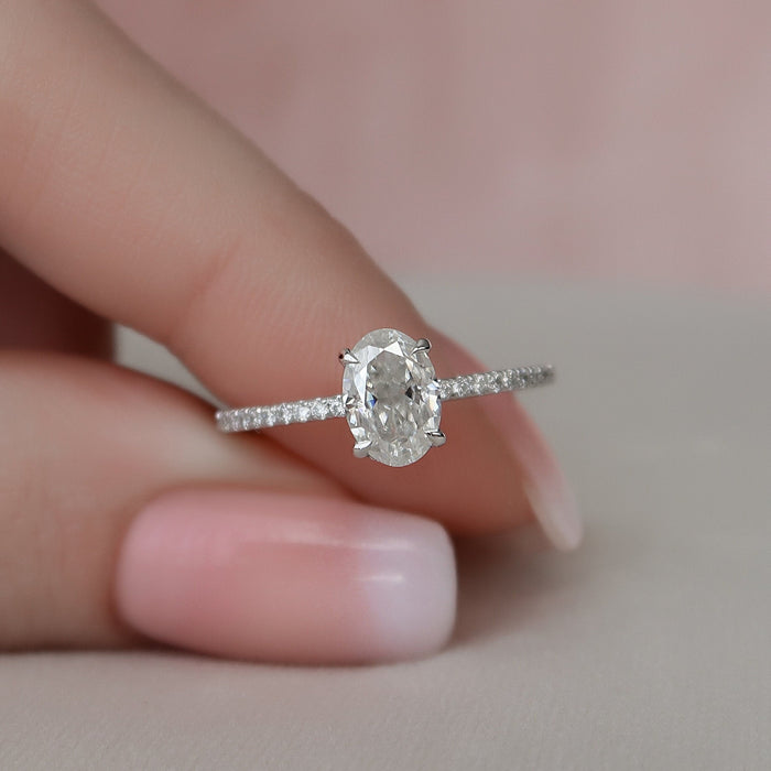 Oval Cut Moissanite Thin Pave Band Hidden Halo Engagement Ring 2 CT to 5 CT - view 1