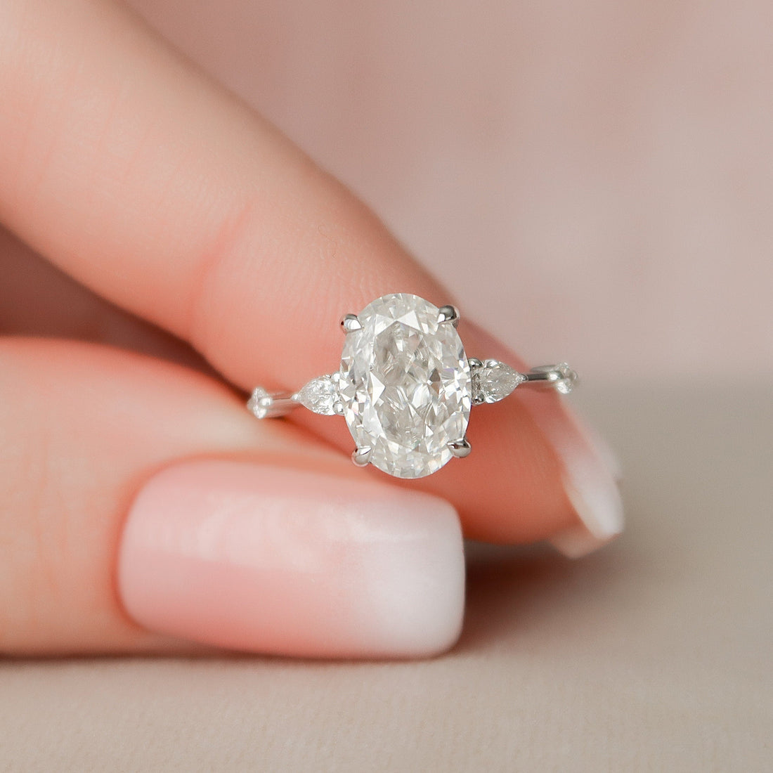 Oval Cut Moissanite Pear Side Stone Three Stone Engagement Ring 2 CT to 5 CT - view 1