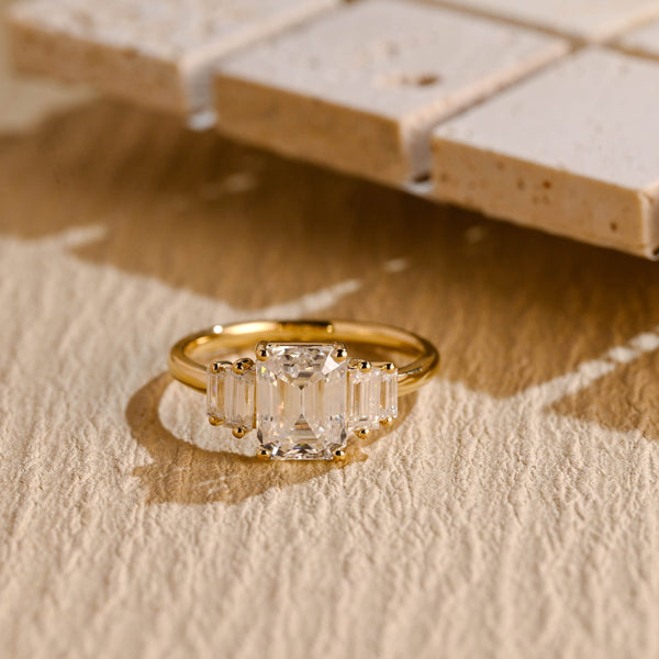 Emerald Cut Moissanite Five Stone Ring with Two Stepped Baguettes on Each Side in Silver, 10K, 14K and 18K Gold