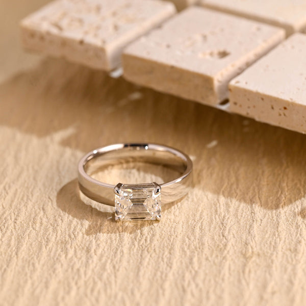 East West Emerald Cut Moissanite Solitaire Ring with Wide Flat Polished Band in Silver, 10K, 14K and 18K Gold