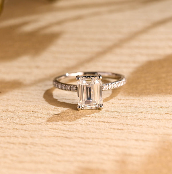 Emerald Cut Moissanite Hidden Halo Engagement Ring with Four Claws and Pave Set Band in Silver, 10K, 14K and 18K Gold