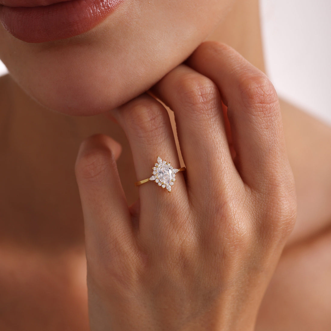 Oval Cut Moissanite Cluster Halo Engagement Ring with Marquise Accents and Slim Band 2 CT to 5 CT - view 1