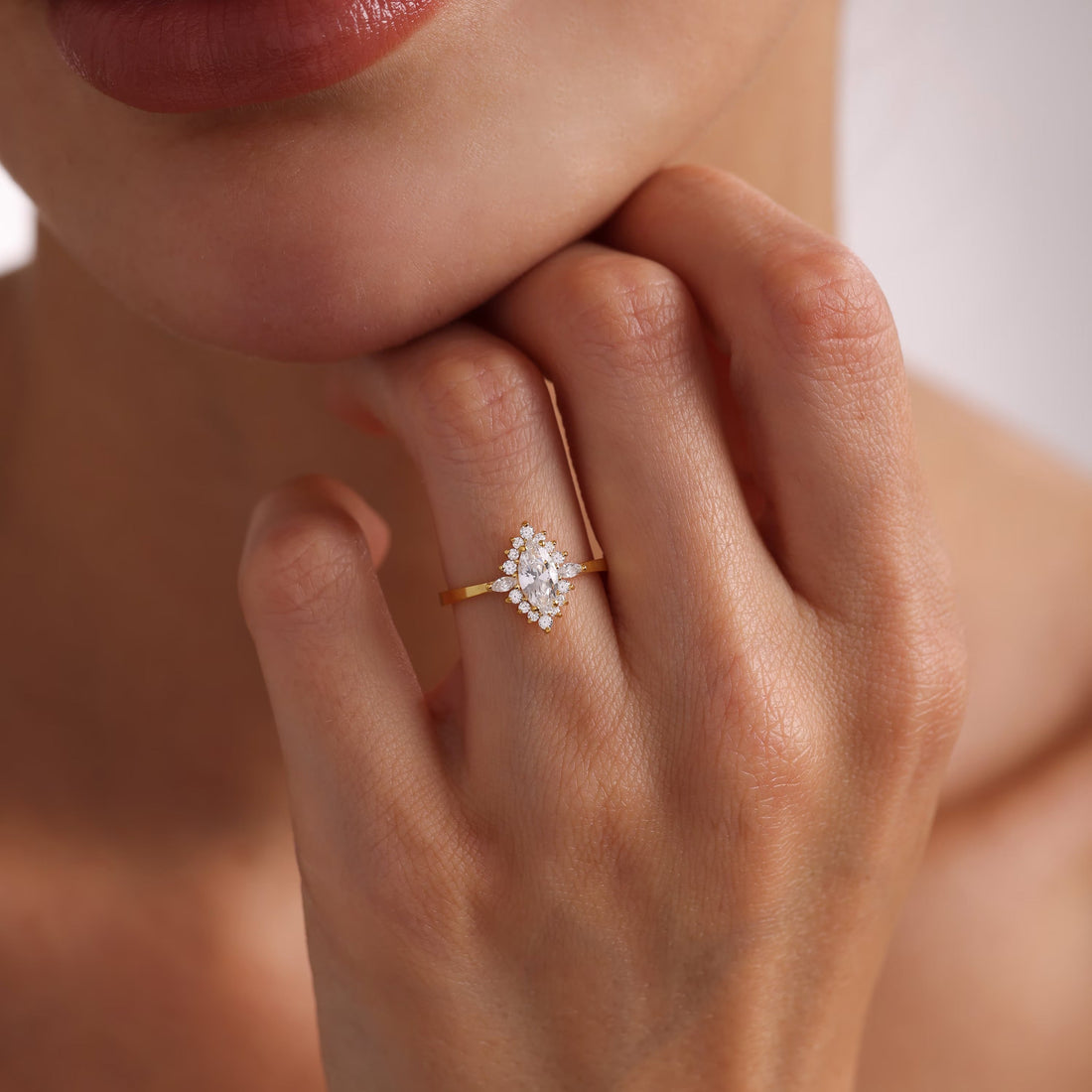 Marquise Cut Moissanite Halo Engagement Ring with Marquise Accent Stones - view 1