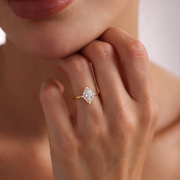 Marquise Cut Moissanite Halo Engagement Ring with Marquise Accent Stones 2 CT to 5 CT