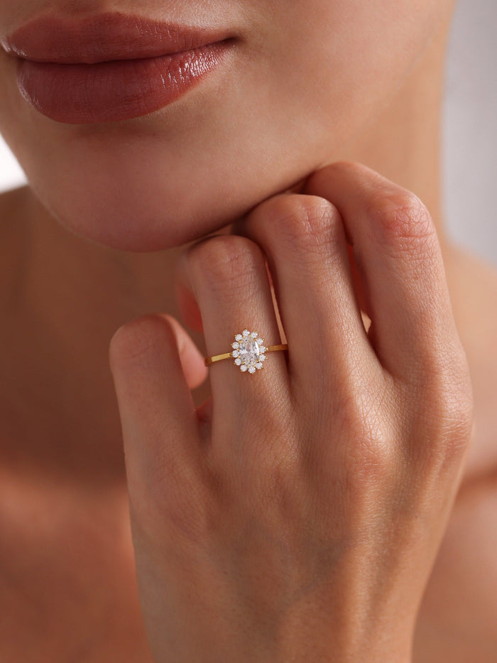 Oval Cut Moissanite Floral Halo Engagement Ring with Petal Style Halo and Thin Band - view 2