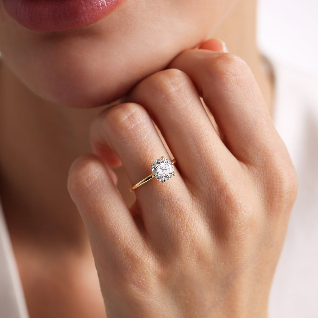 Petite Round Cut Moissanite Six Claw Solitaire Engagement Ring with Thin Gold Band - view 1