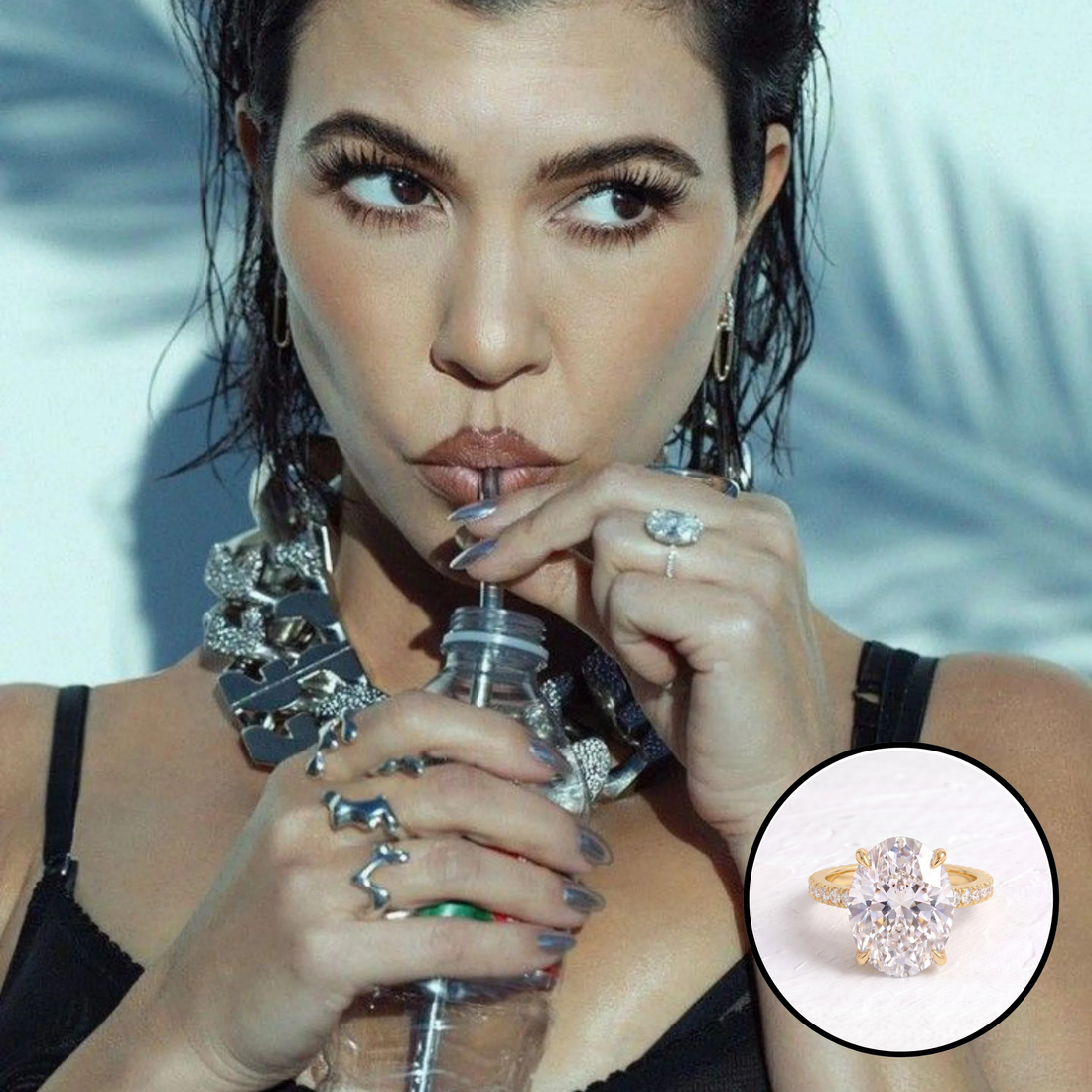 Reference photo of Kourtney Kardashian with our Kourtney Kardashian inspired oval hidden halo pavé ring shown inset